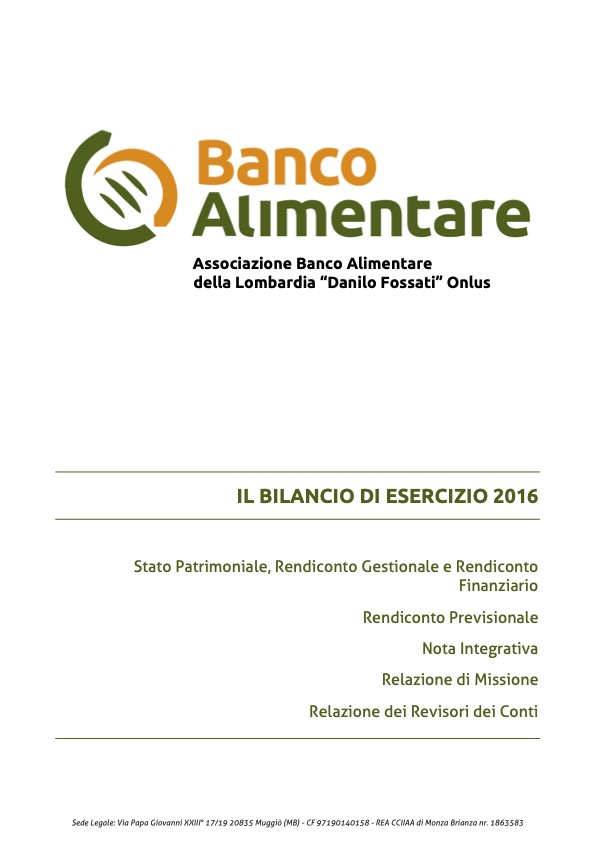 Copertina del Bilancio di esercizio 2016